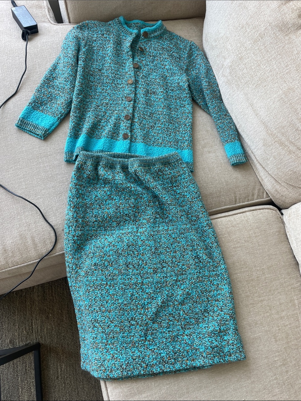 Vintage Teal & Black Marled Knit Cardigan and Skirt Set